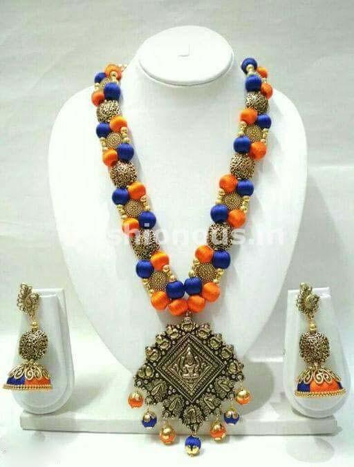 Blue and Orange Silk Balls with Rhombus Antique Pendant Silk Thread Jewellery Set-STJS-047