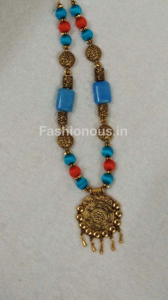 Blue and Orange Silk Thread Beads with Golden Oxidised Pendant-OXDJSW-029