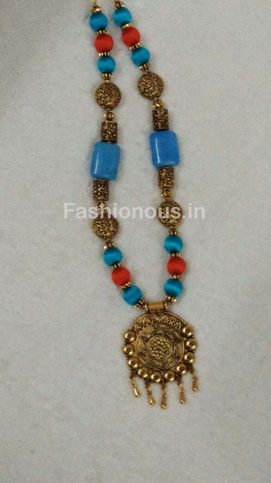 Blue and Orange Silk Thread Beads with Golden Oxidised Pendant-OXDJSW-029