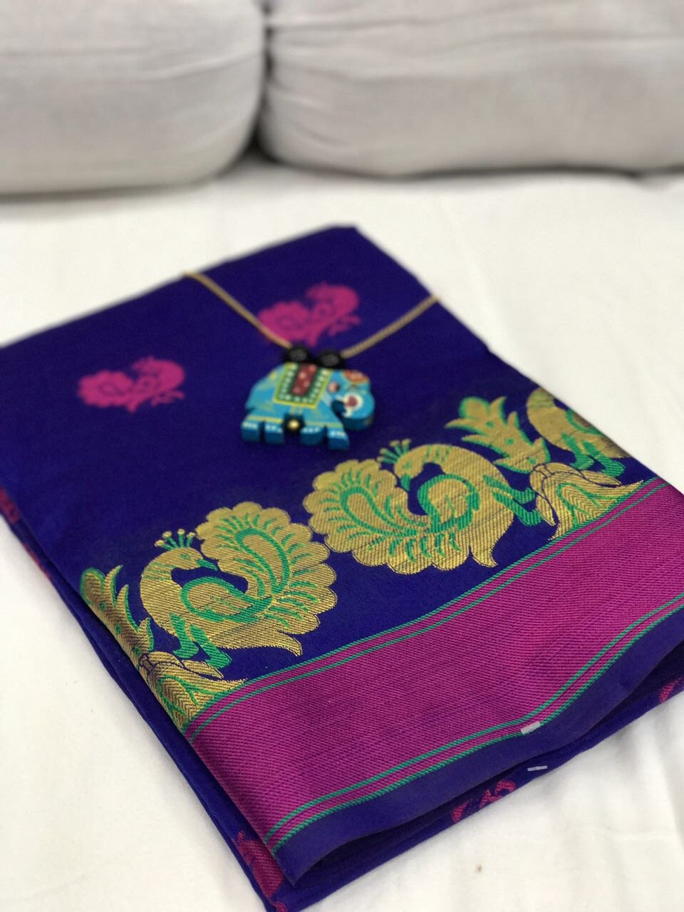 Blue and Pink Border with Peacock Design Silk Cotton Saree-SRE-260
