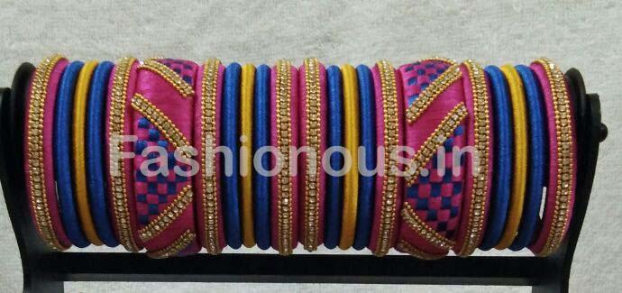 Blue and Pink Checked Stone Worked Silk Thread Bangle Set30-STJSW-044