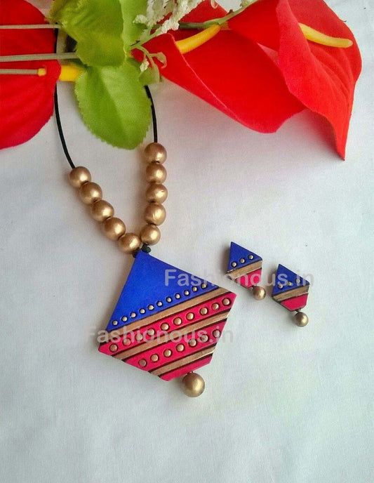Blue and Pink Pentagon Shaped Terracotta Pendant Set-TJS-049