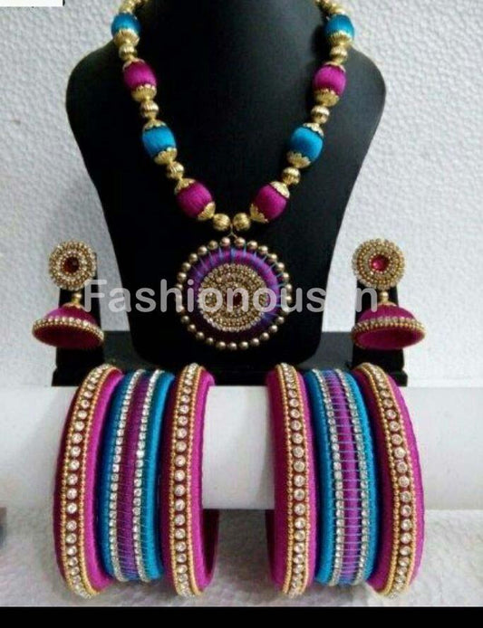 Blue and Pink Round Pendant Silk Thread Jewellery Set-STJSW-112