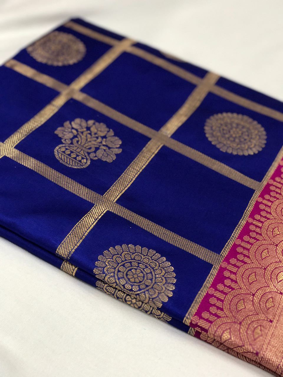 Blue and Pink with Floral Pot Zari Work Banarasi Silk Saree-SRE-134 dark blue and pink coloured sari