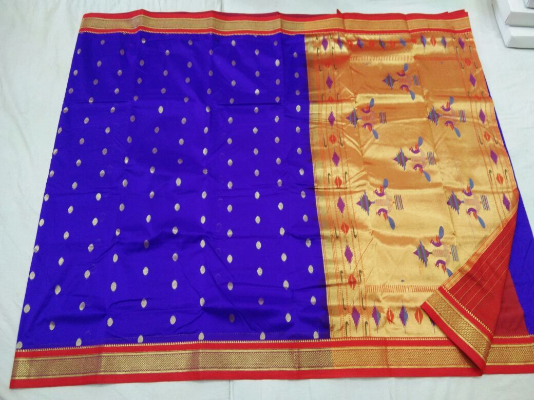 Blue and Red Border with Golden Peacock Pallu Semi Paithani Saree-PAITHANI-102