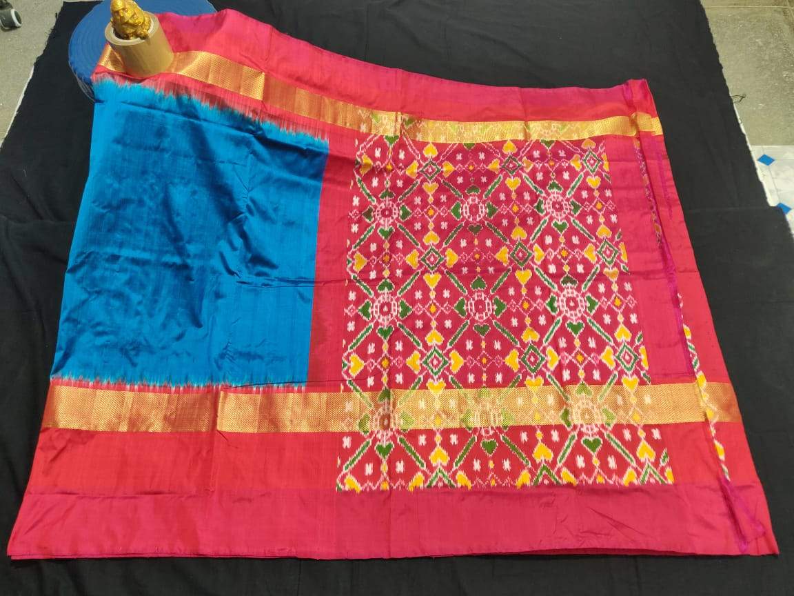 Blue and Red Pure Ikkat Silk Saree