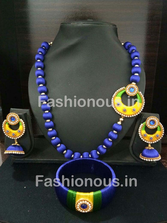Blue and Yellow Chandbali Pendant Silk Thread Jewellery Set-STJSW-101