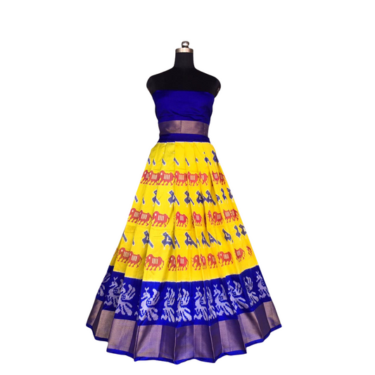 Blue and Yellow Ikkat Pure Silk Lehenga