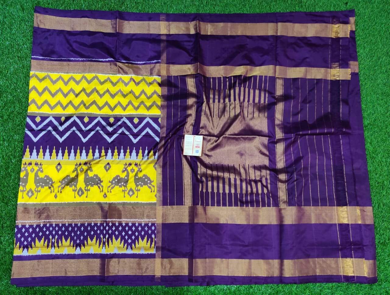 Blue and Yellow with Golden Stripes Pallu Ikkat Silk Saree