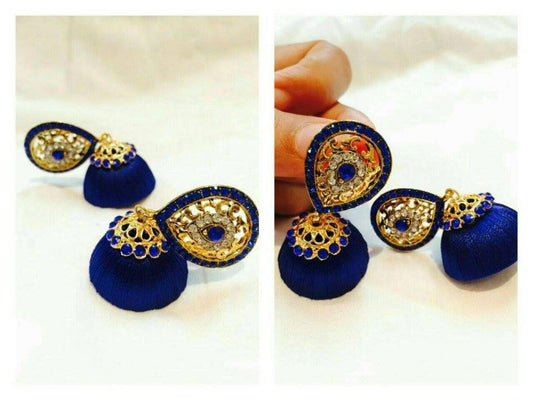 Blue stone studded Silk thread jhumkas