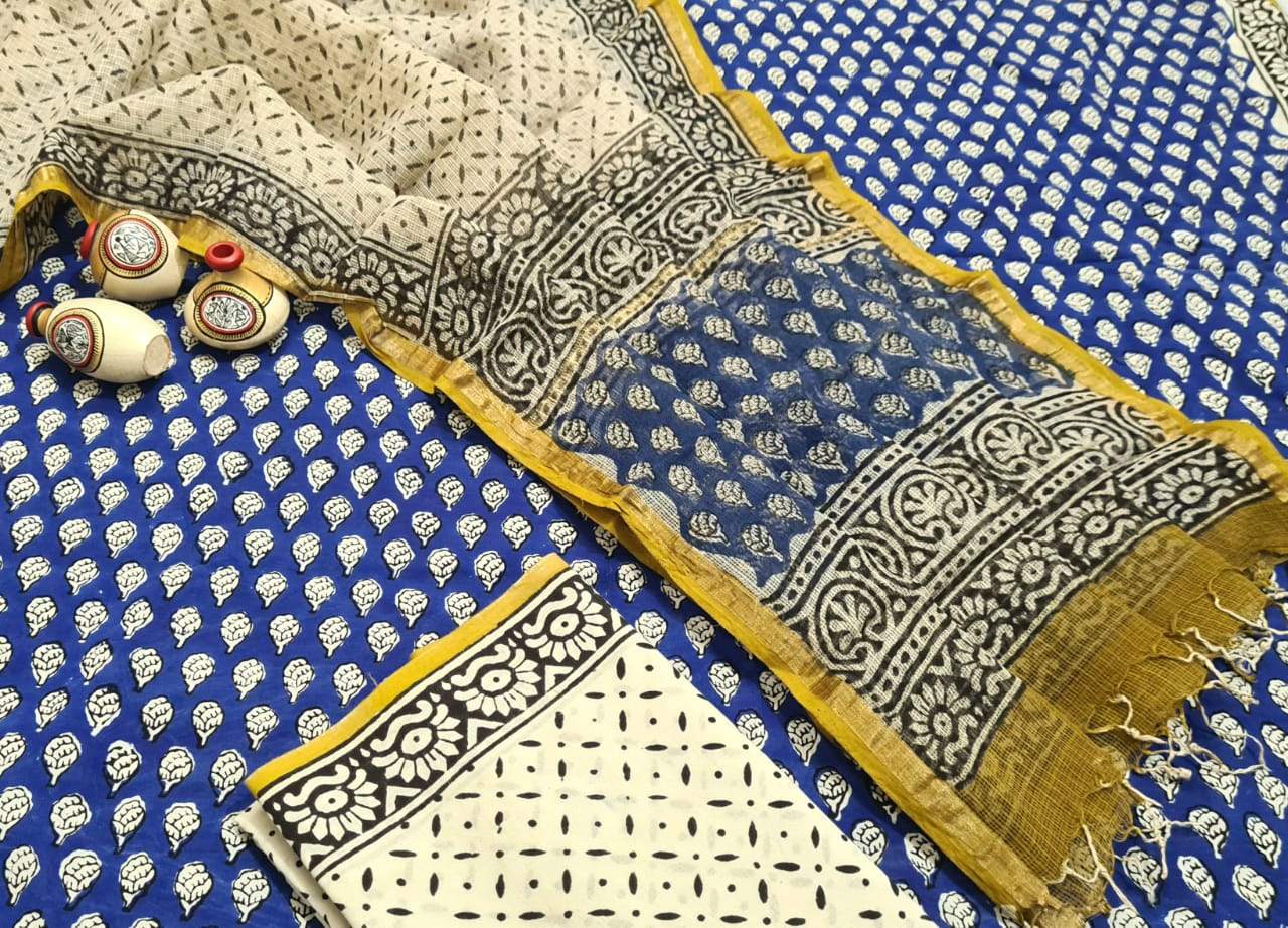 Blue with Black and white Handblock Unstitched  Printed Cotton Suit