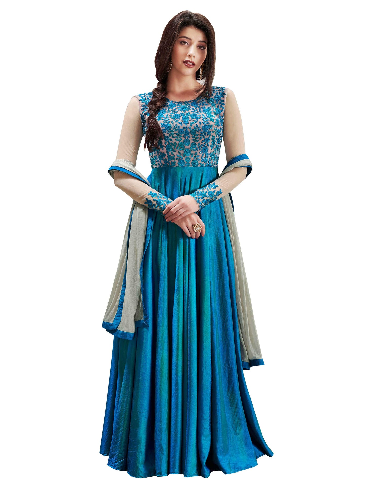 Blue with Floral Embroidery Anarkali Suit-LKEDM-127