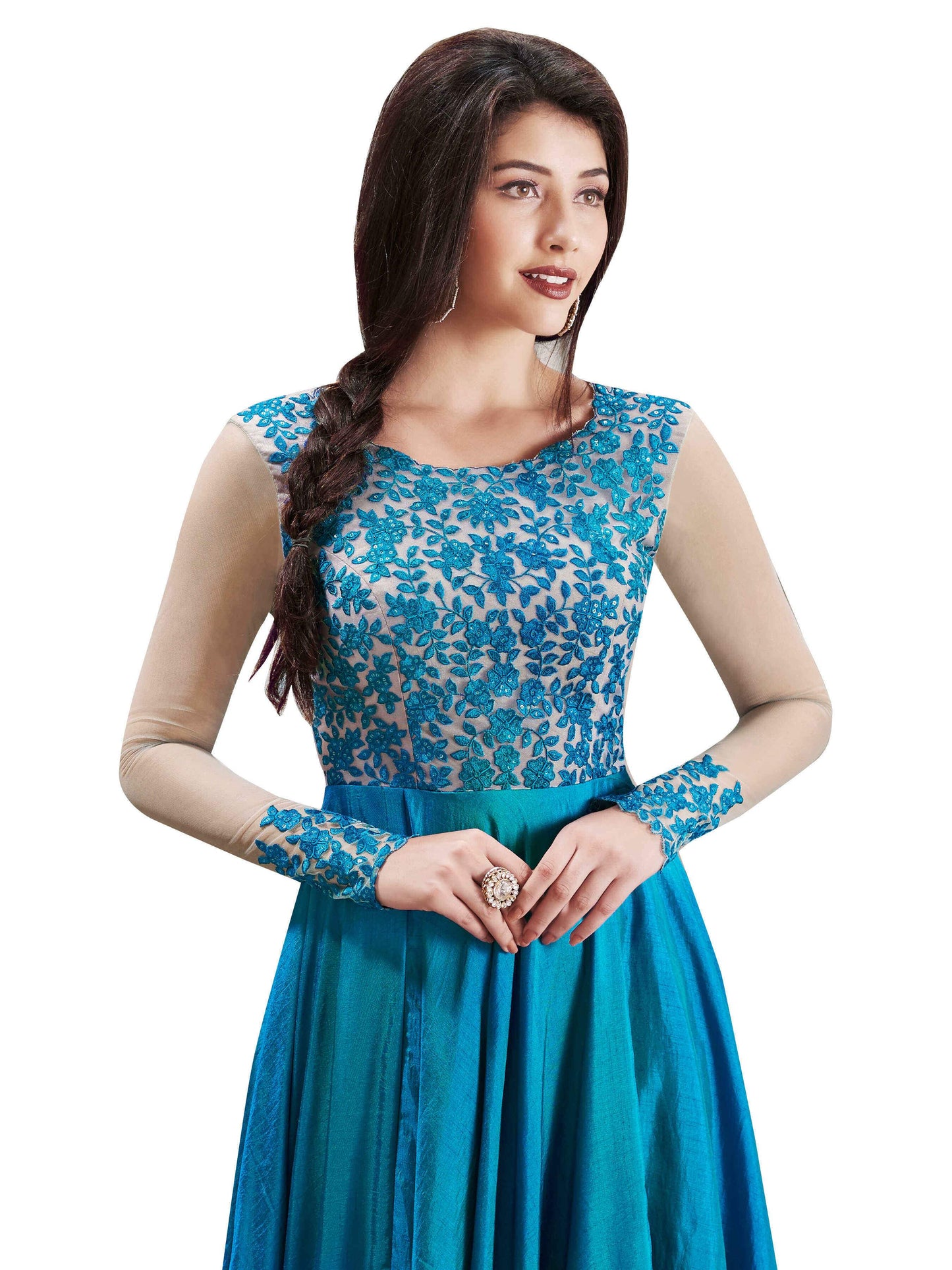 Blue with Floral Embroidery Anarkali Suit