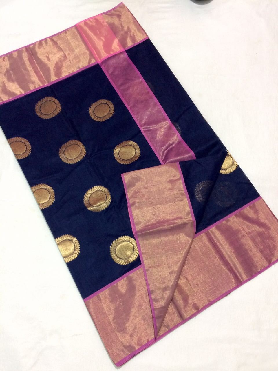 Blue with Golden Circled Leaf With Pink Border Chanderi Silk Saree-CHANSRE-017