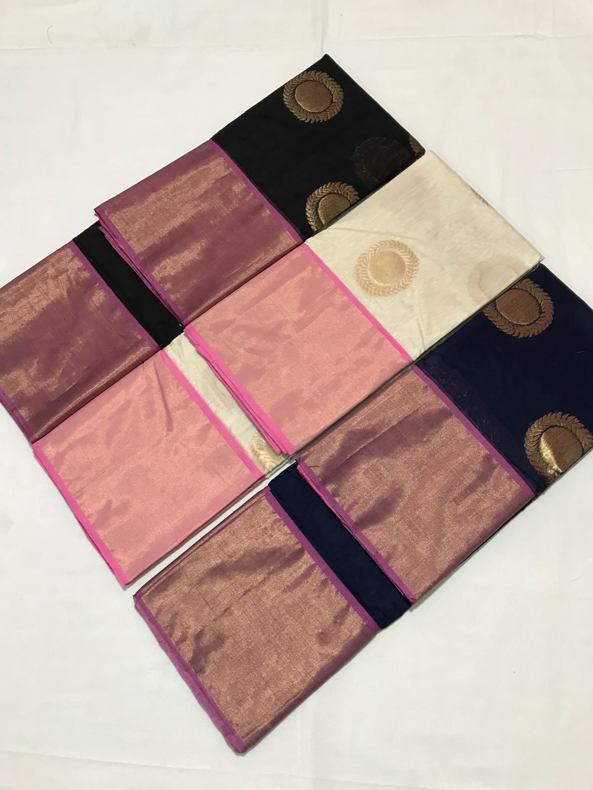 Blue with Golden Circled Leaf With Pink Border Chanderi Silk Saree