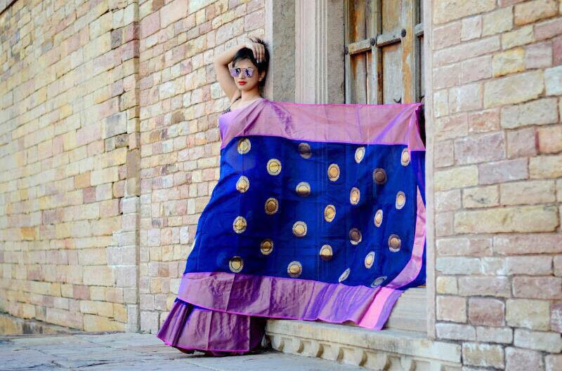 Blue with Golden Circled Leaf With Pink Border Chanderi Silk Saree