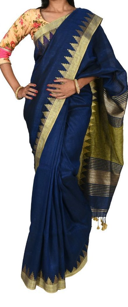 Blue with Golden Gopuram Border Linen Saree-LNSRE-054