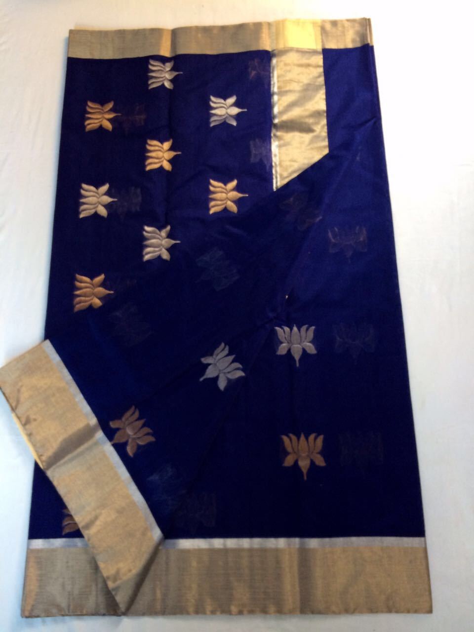 Blue with Golden Lotus Designed Zari Border Chanderi Silk Saree-CHANSRE-019