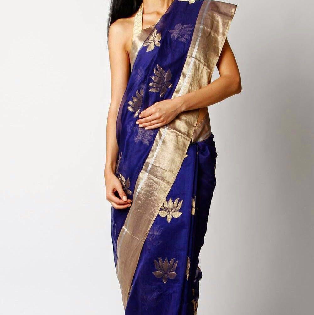 Blue with Golden Lotus Designed Zari Border Chanderi Silk Saree