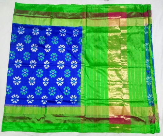Blue with Green Border and Pallu Pure Ikkat Silk Saree