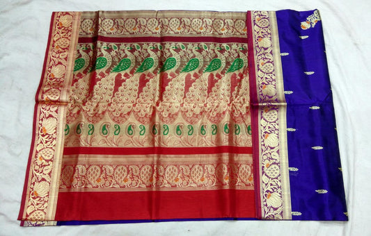Blue with Green Peacock Designed Red Pallu Paithani Saree-PAITHANI-068