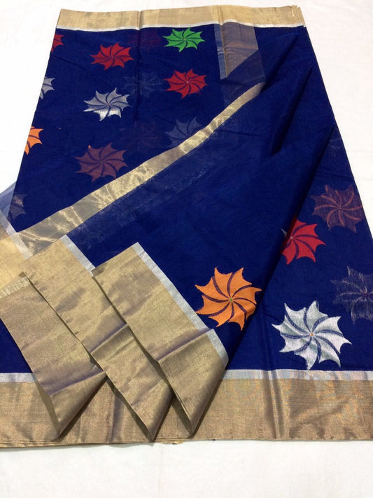 Blue with Muticolor Floral Designed Zari Border Chanderi Silk Saree-CHANSRE-028