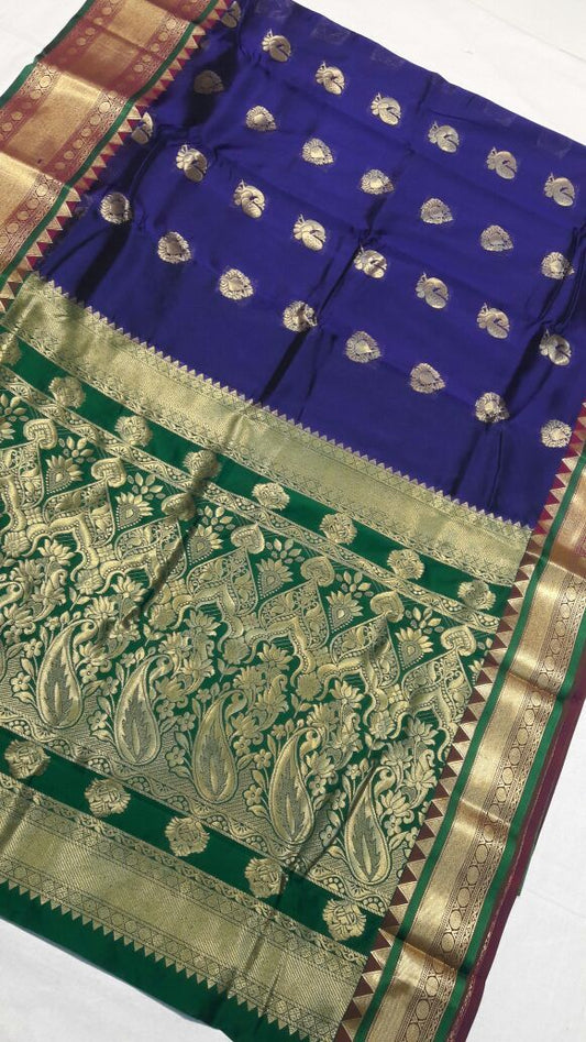 Blue with Peacock Designed Green Border Paithani Saree-PAITHANI-042