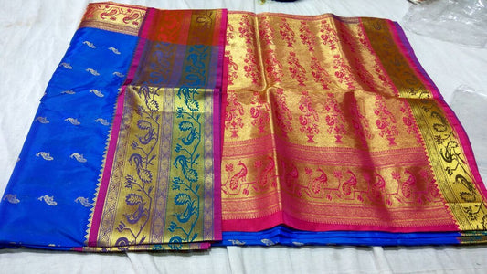 Blue with Peacock Designed Pink Pallu Paithani Saree-PAITHANI-002