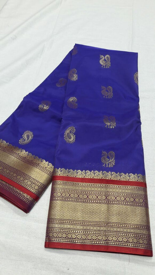 Blue with Peacock Designed Red Border Paithani Saree-PAITHANI-031