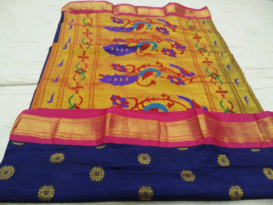 Blue with Pink Border Peacock Pallu Paithani Saree-PAITHANI-094