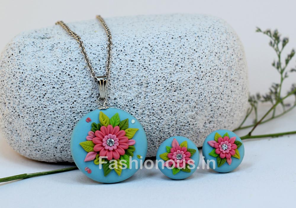 Blue with Pink Floral Necklace and Earrings-ZAPCNS-003