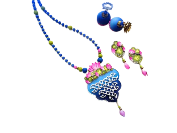 Blue with Pink Lotus Polymer Clay Jewellery Set