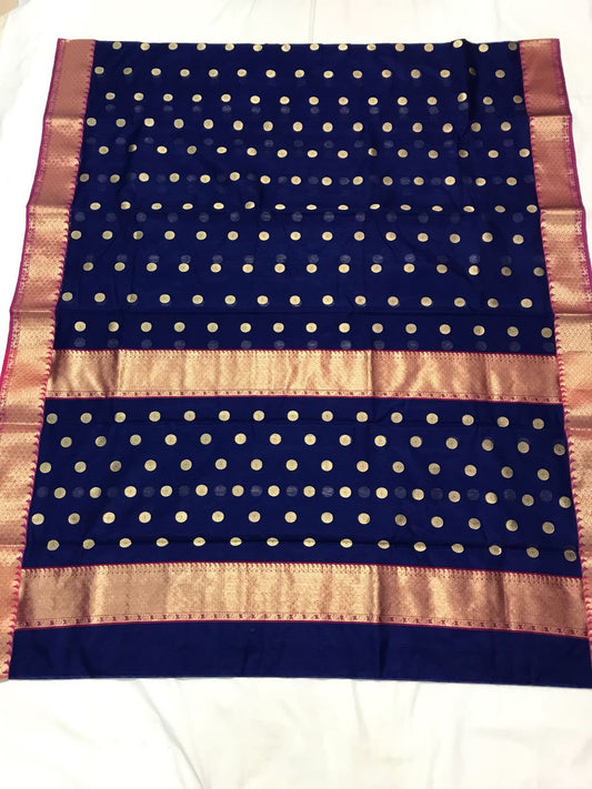 Blue with Pink Zari Border Chanderi Silk Saree-CHANSRE-070