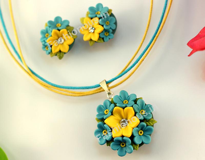 Blue with Yellow Floral Necklace and  Earrings-ZAPCNS-032