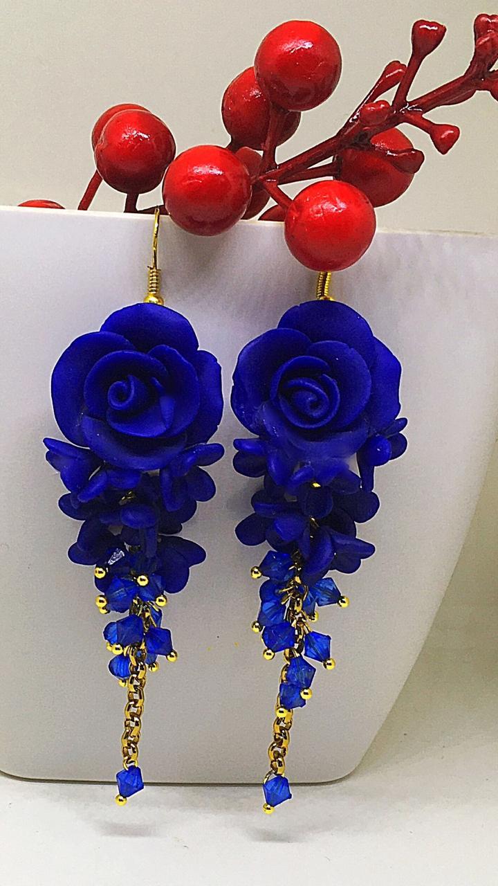 Crimson Red and Blue Floral Polymer Clay Earrings
