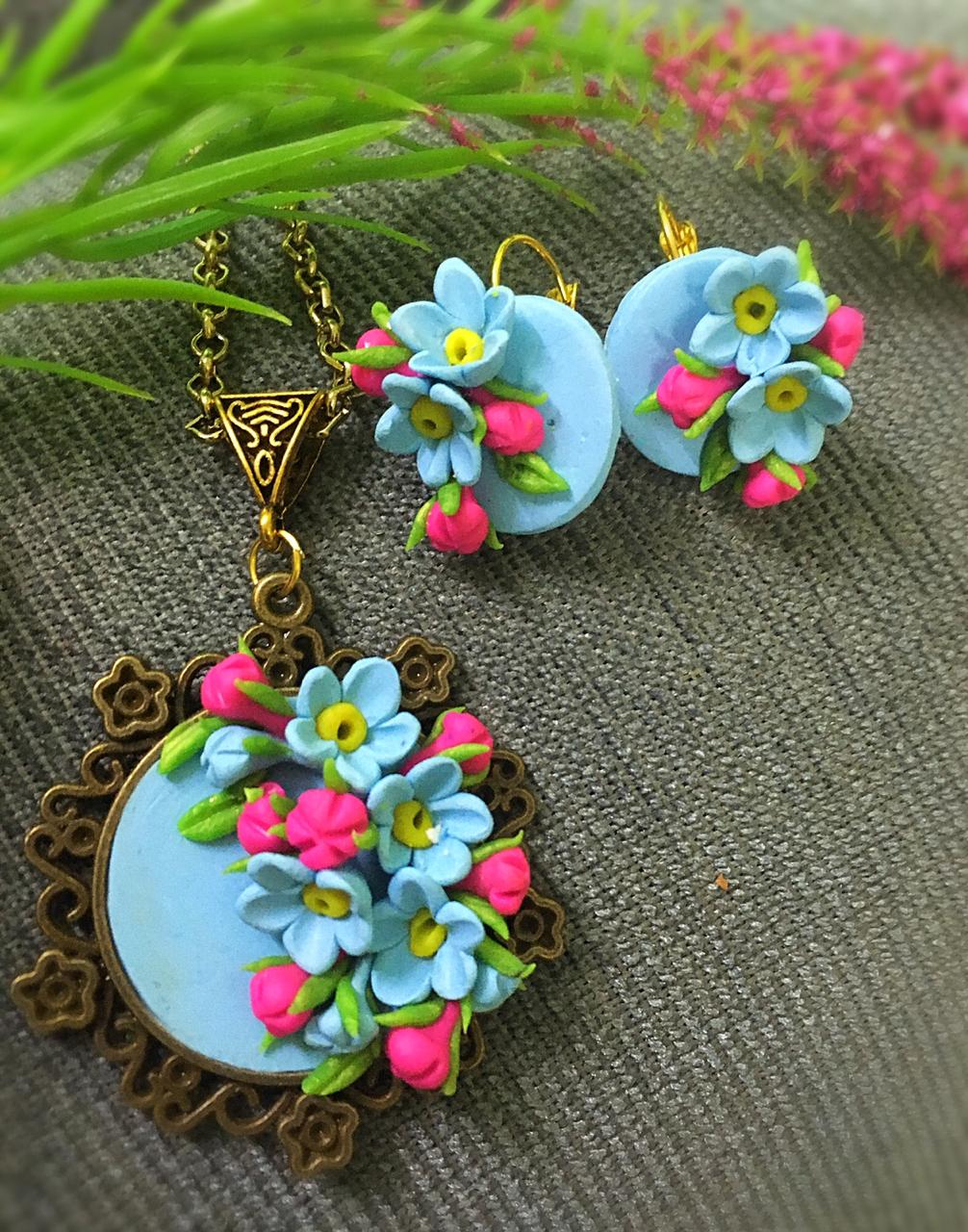 Sky Blue With Pink Rose Floral Polymer Clay Pendant And Earrings