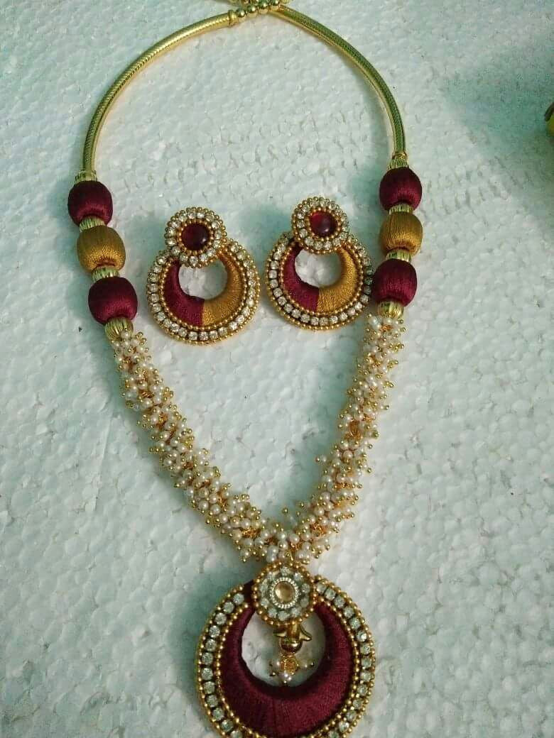 Brown Color Pendant Silk Thread Jewellery Set