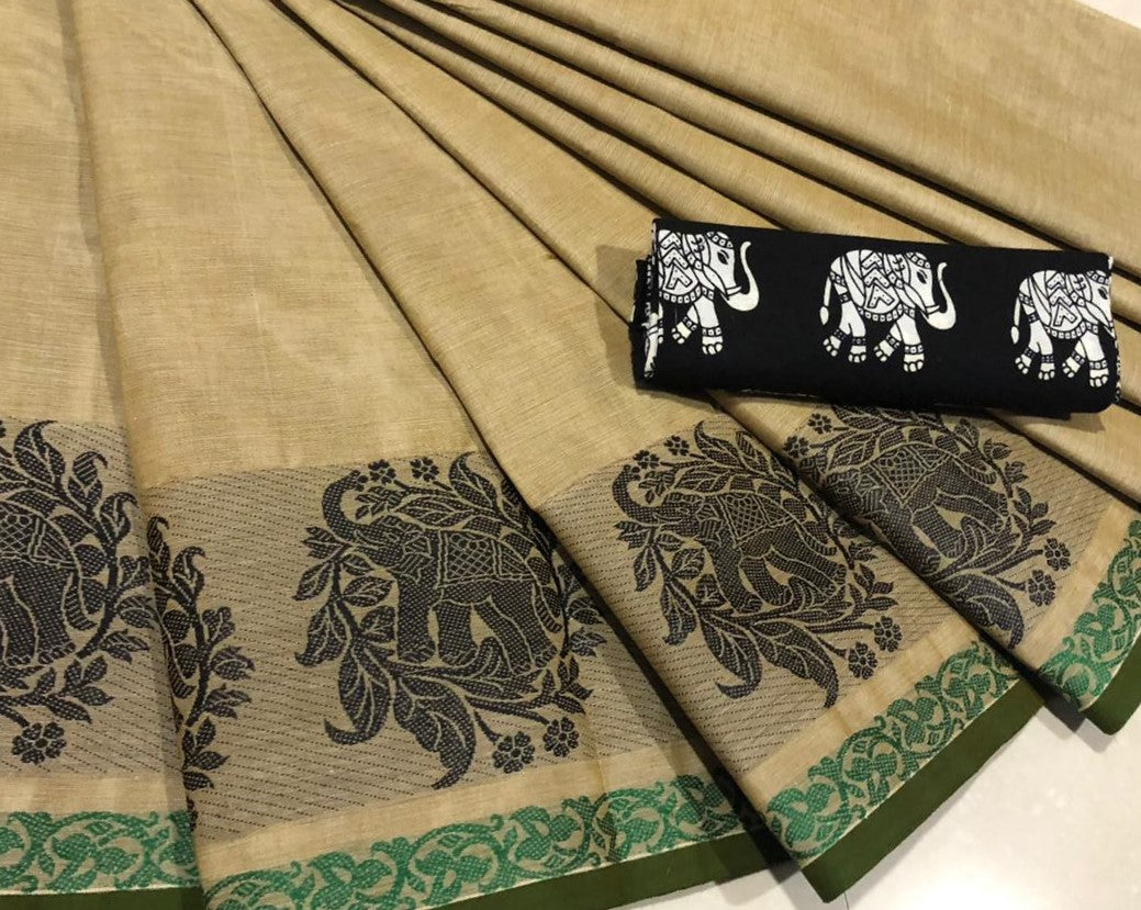 Brown Pure Cotton Saree with Elephant Motif