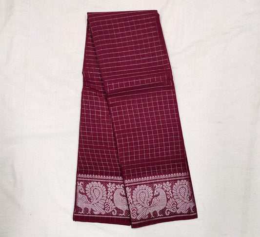 Brown Madurai Sungudi Saree with Silver Zari Border