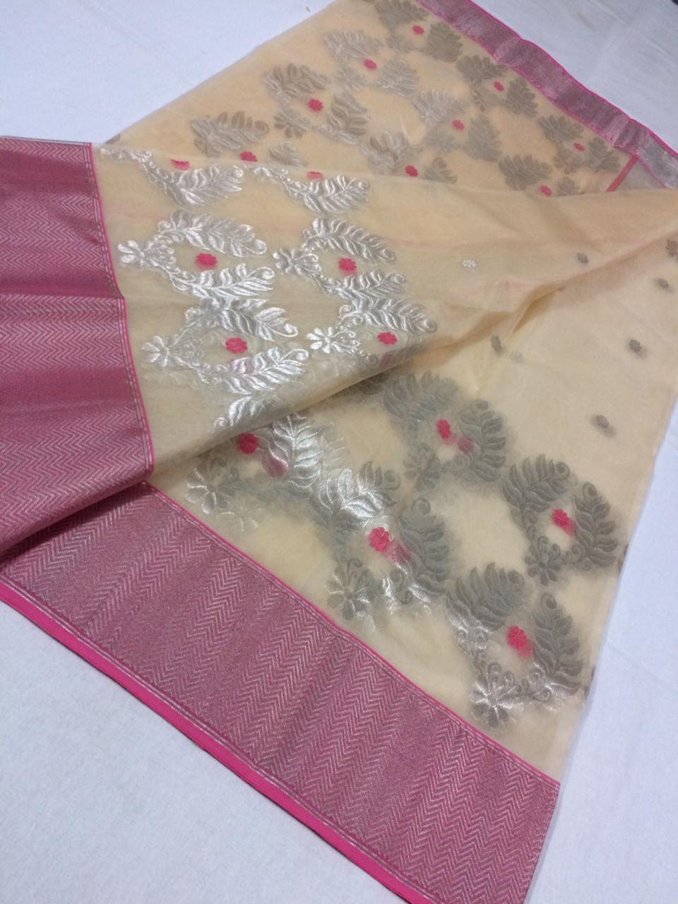 Off-White Chanderi Silk Saree With Ornate Design and Pink Border- CSH059