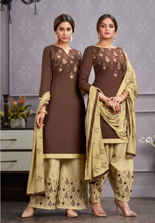 Brown and Beige Cotton Salwar Suit