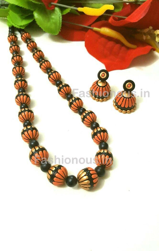 Brown and Golden Floral Terracotta Jewellery Set-TJS-023