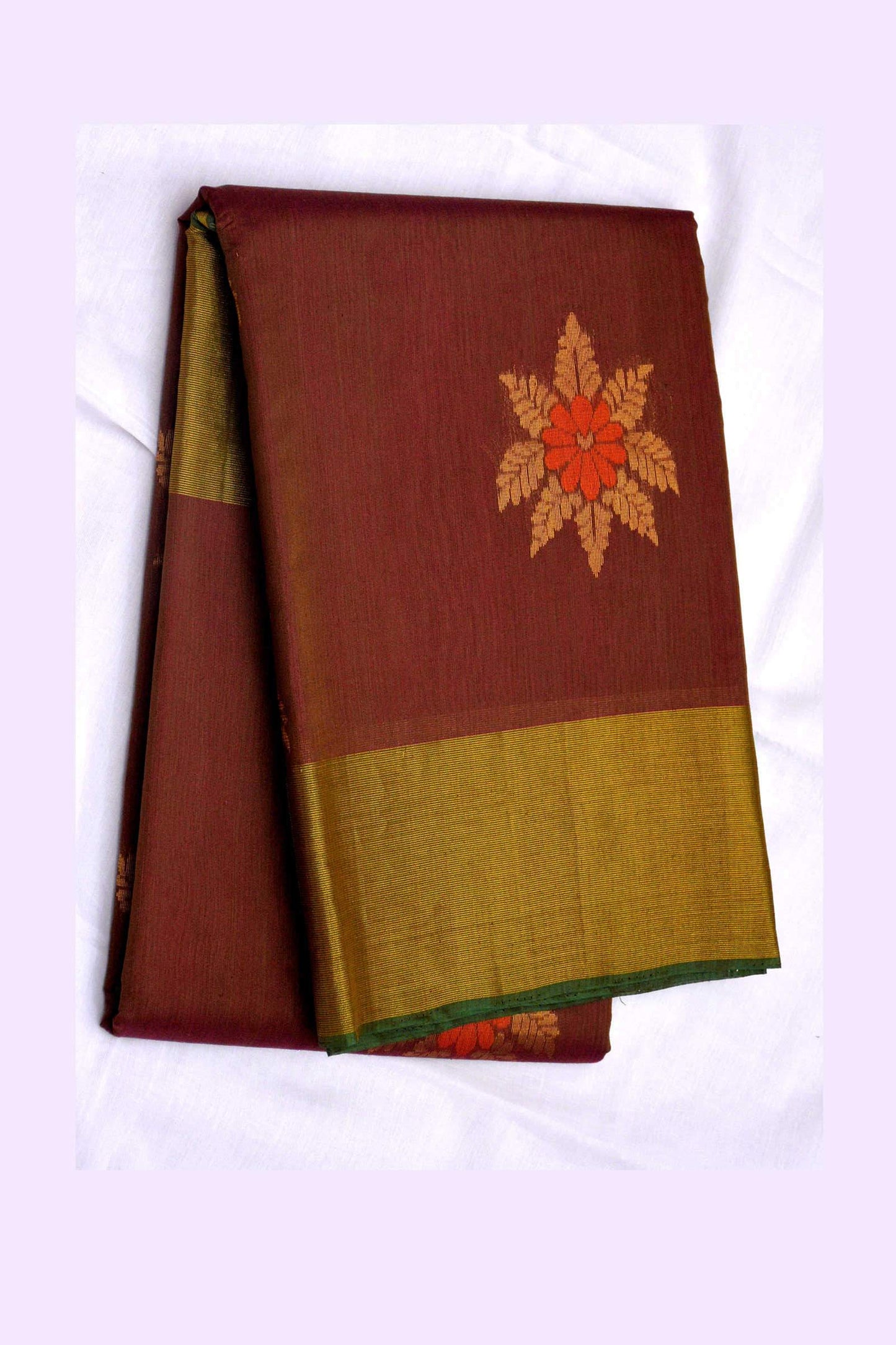 Brown and Purple Shaded Floral Designed Green Pallu Handwoven Chettinad Silk Cotton Saree-AKCHEDS-007