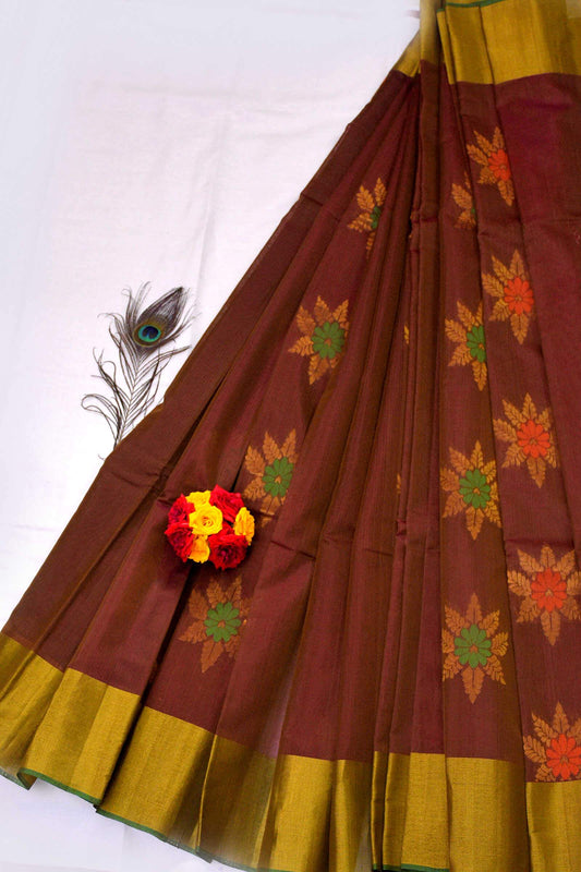 Brown and Purple Shaded Floral Designed Green Pallu Handwoven Chettinad Silk Cotton Saree
