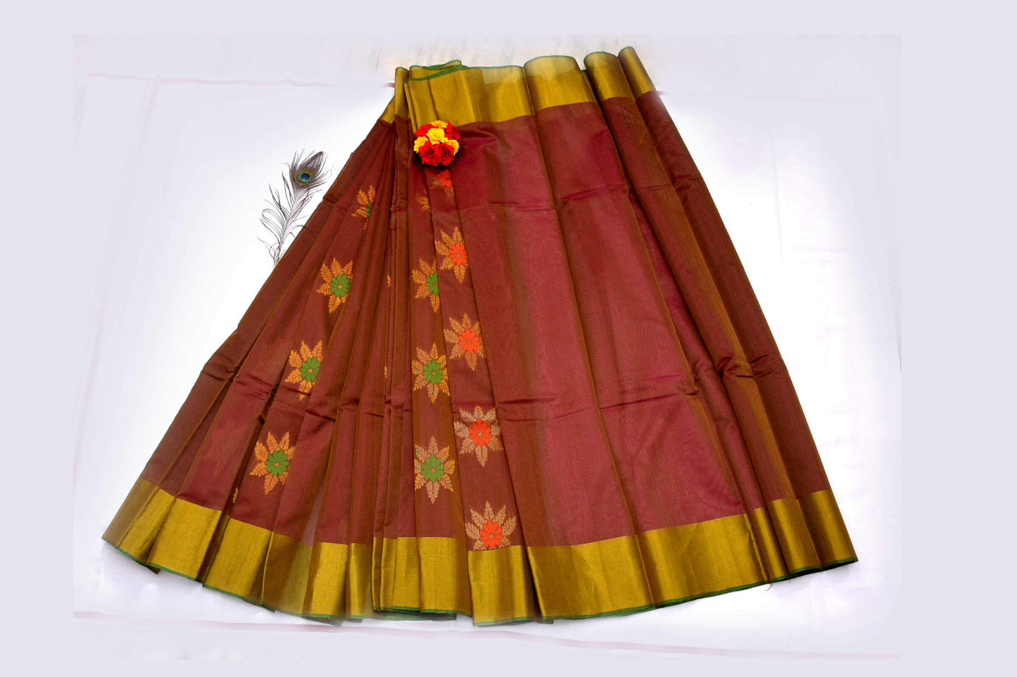 Brown and Purple Shaded Floral Designed Green Pallu Handwoven Chettinad Silk Cotton Saree
