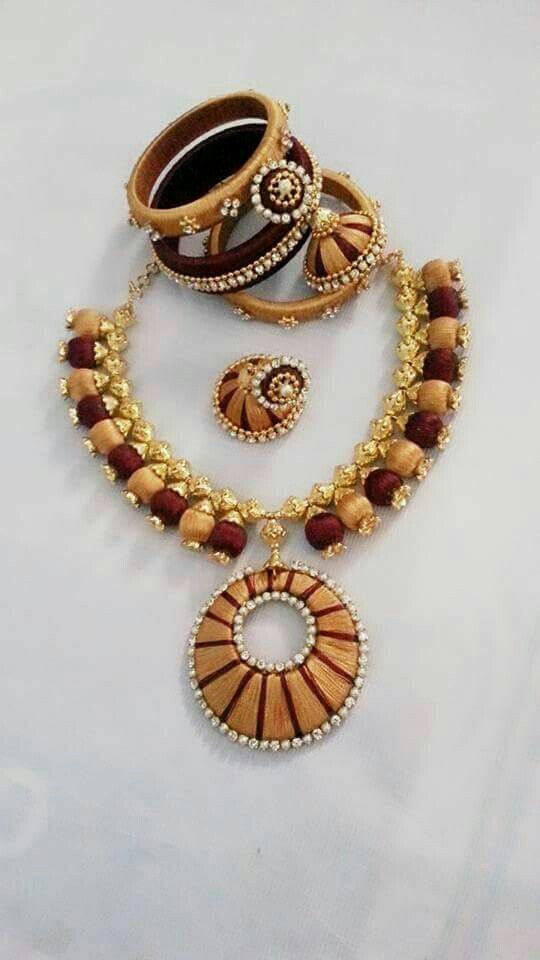 Brown and Sandal Round Pendant Silk Thread Jewellery Set