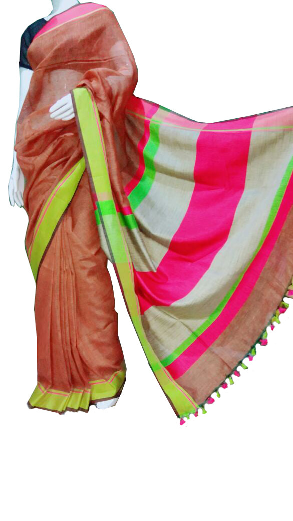Brown with Green and Pink Striped Pallu Linen Saree