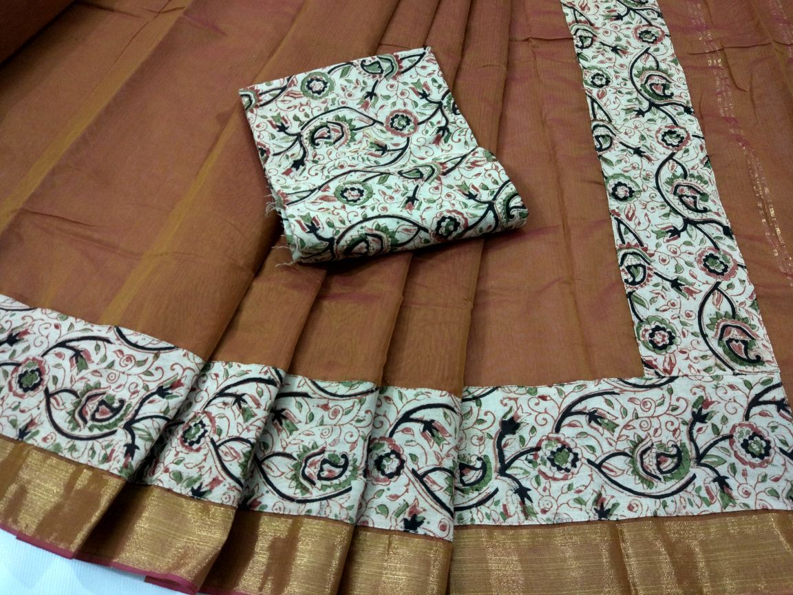 Brown with Kalamkari Blouse Kotta Mercerized Cotton Saree-SRE-808