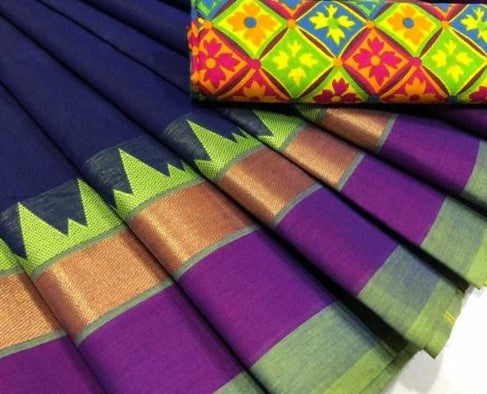 Radiant Blue Chettinad Saree with Multi-coloured Kalamkari Blouse CS005