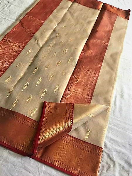 Modest Beige Chanderi Silk Saree with Red-Gold Border- CSH032